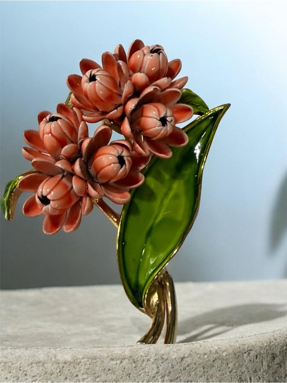 Vtg Mid-Century 3D Coral & Green Enamel Flower Bouquet Alice Caviness Style